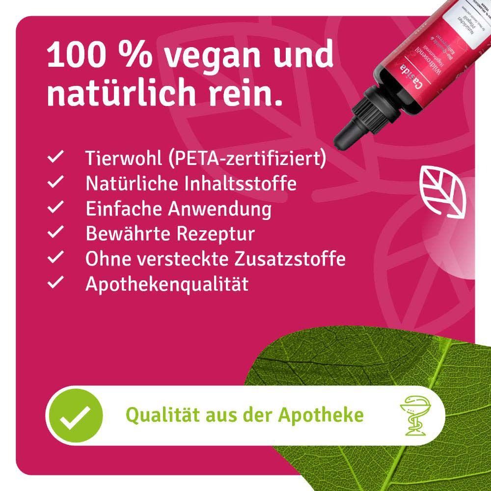 Text auf pinkem Hintergrund. 100% vegan und natürlich rein. PETA-zertifiziert. Apothekenqualität. Qualität aus der Apotheke.