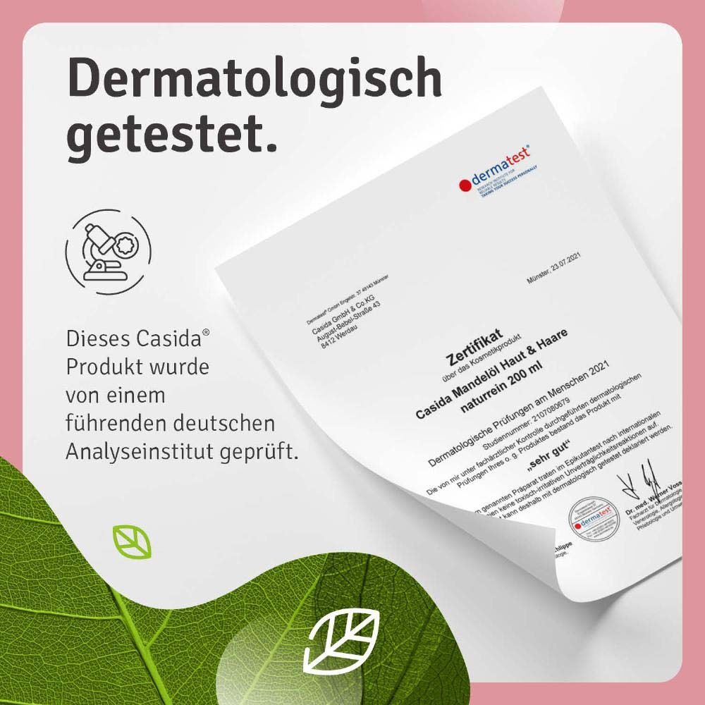 Zertifikat: Dermatologisch getestet. Casida Mandelöl Haut & Haare, naturrein 200 ml. Geprüft von deutschem Analyseinstitut.