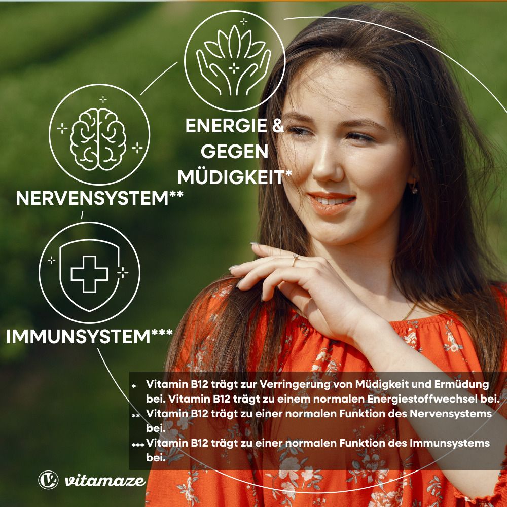 Junge Frau im roten Kleid. Grafiken: Gehirn, Nervensystem; Hände, Energie; Kreuz, Immunsystem. Text über Vitamin B12.