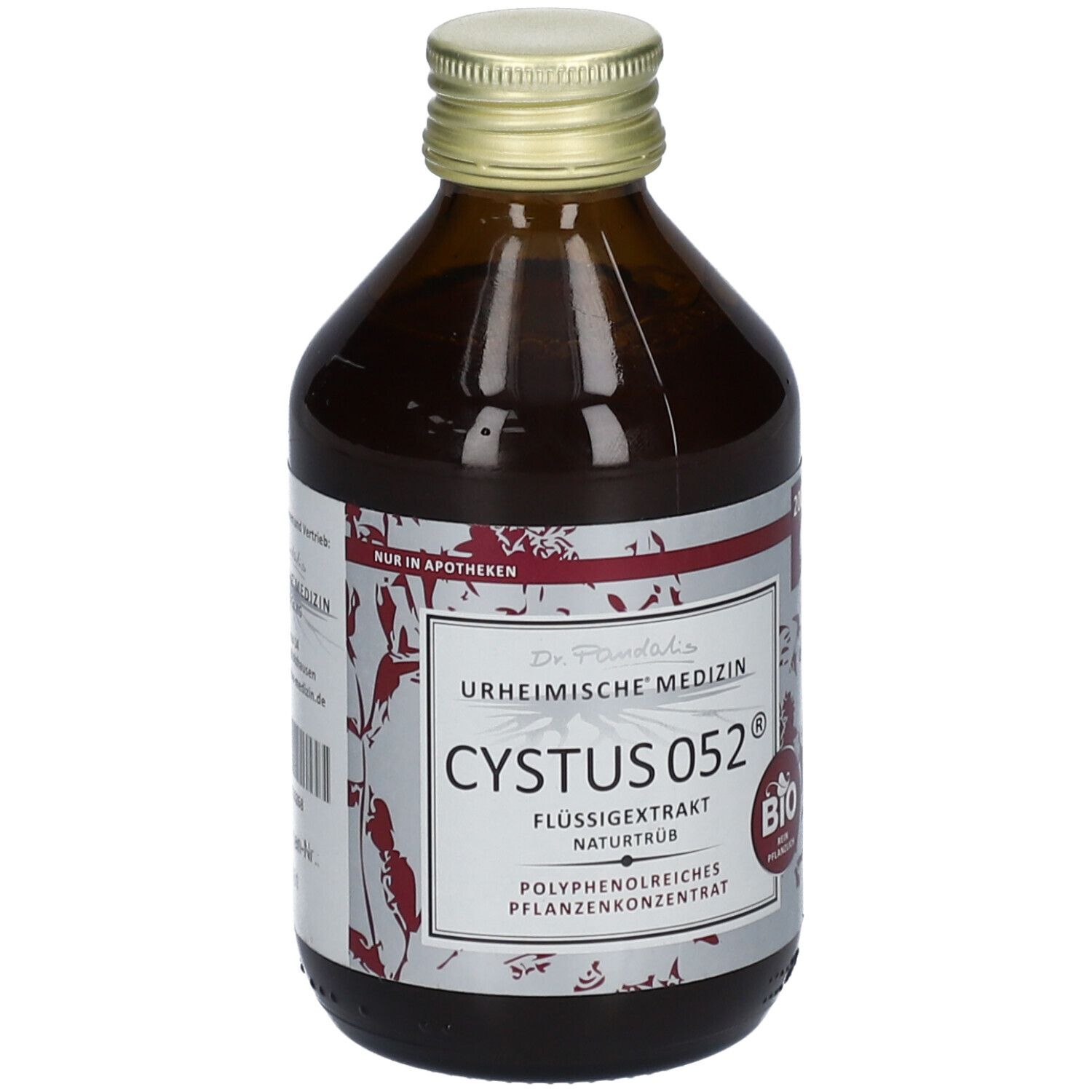 Braune Glasflasche mit goldfarbenem Deckel. Etikett mit Produktnamen CYSTUS 052® und Bio-Siegel. Flüssigextrakt.