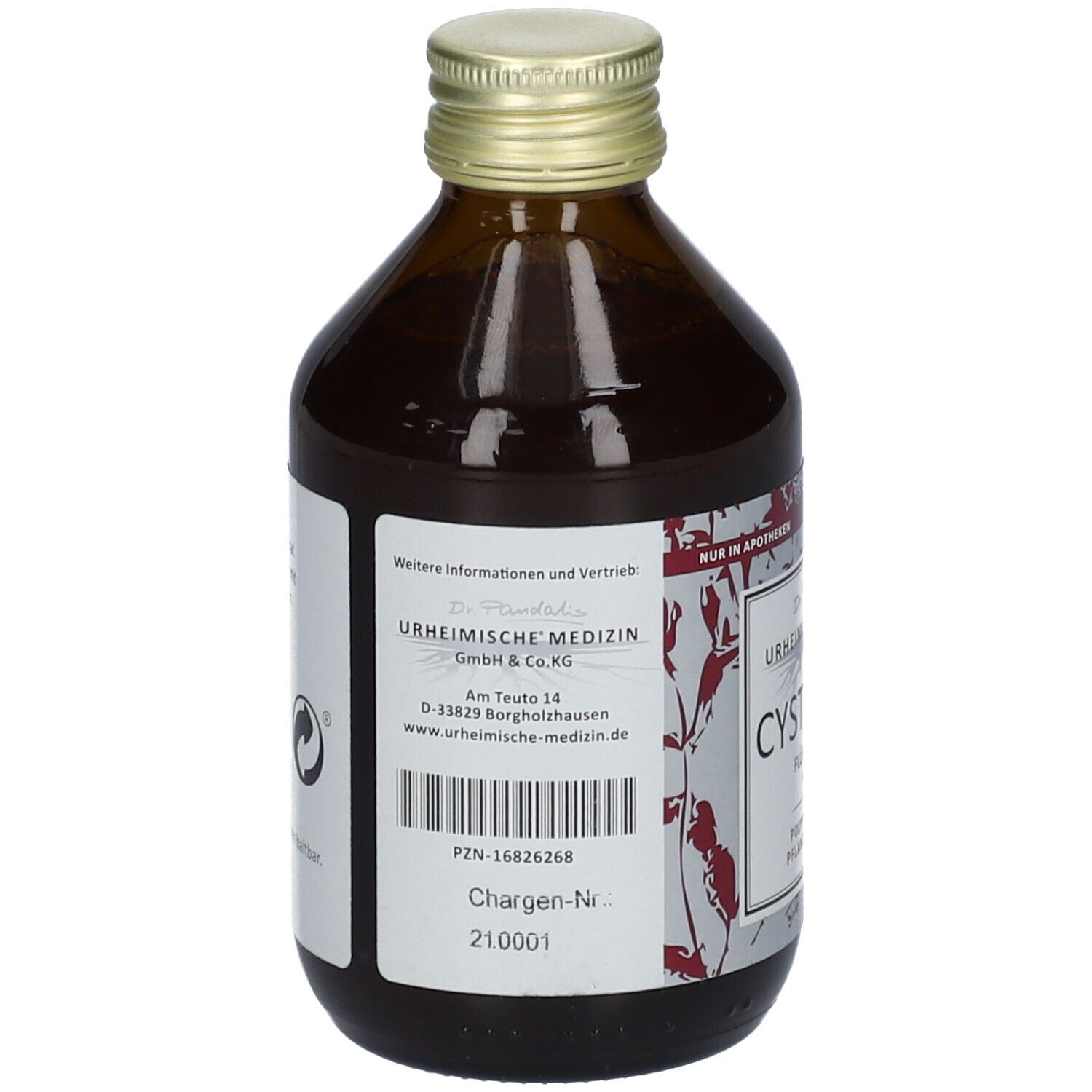 Rückseite einer braunen Glasflasche. Etikett mit Herstellerinformationen, Chargennummer und Recycling-Symbol.