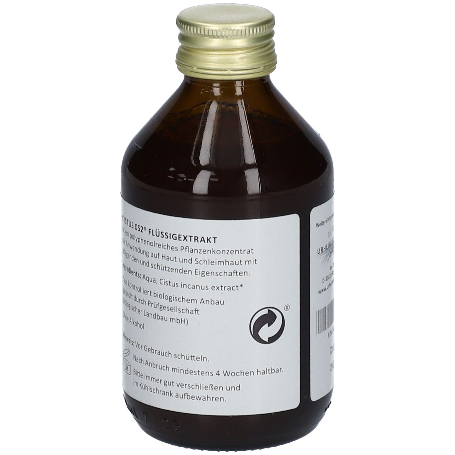 Braune Glasflasche mit Etikett. Produktname CYSTUS 052® Flüssigextrakt. Enthält Polyphenole. Bio-Zertifizierung.