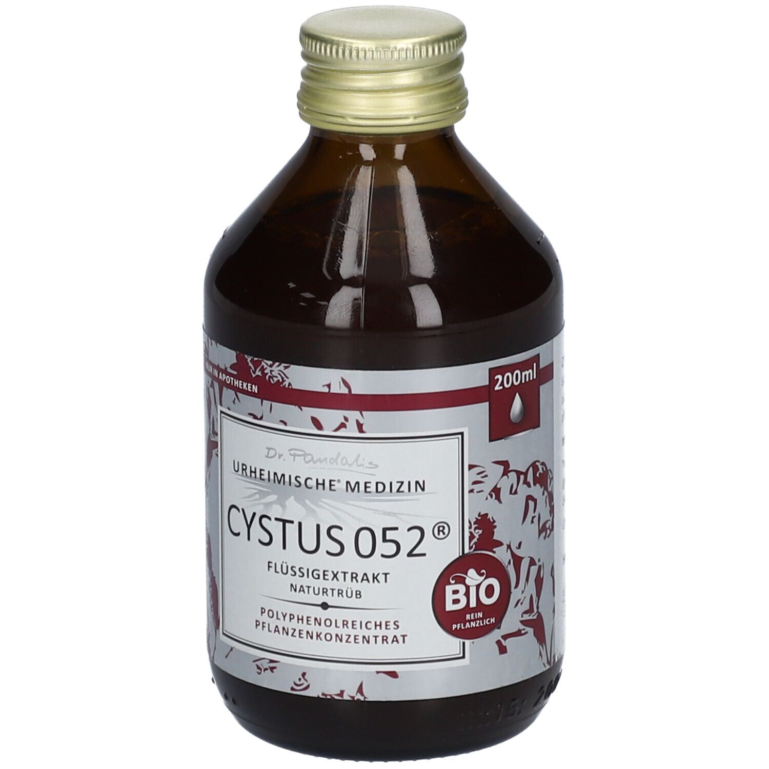 Braune Glasflasche mit goldfarbenem Deckel. Etikett mit Produktnamen CYSTUS 052®, Bio-Siegel und 200ml Angabe.