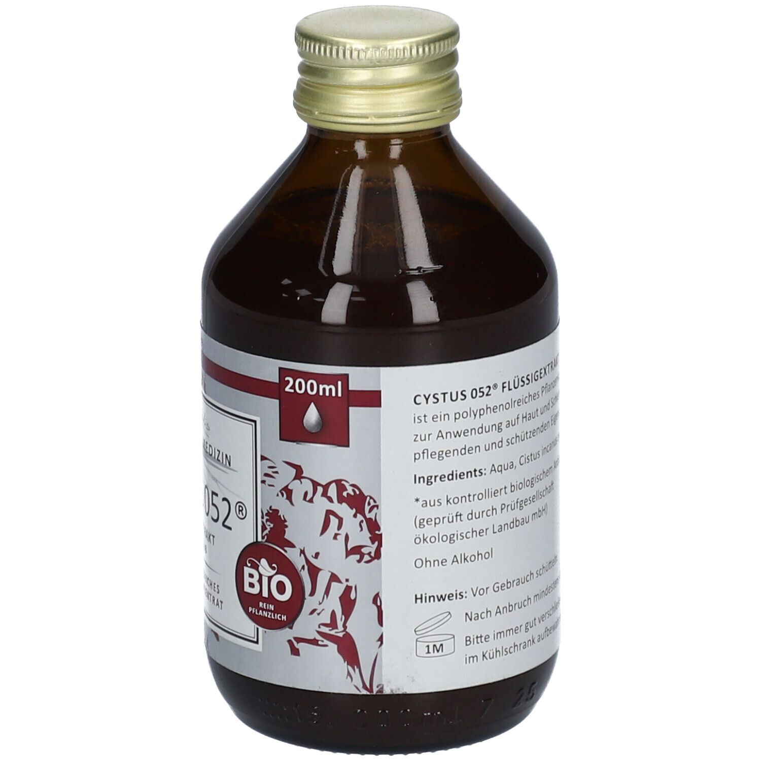 Braune Glasflasche mit Etikett. Produktname CYSTUS 052® Flüssigextrakt. Bio-Siegel und 200ml Angabe.