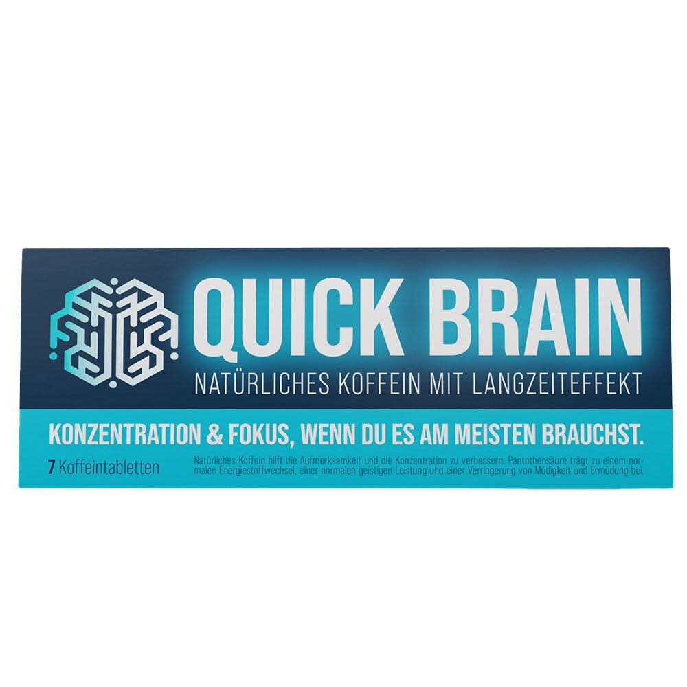 Schachtel mit QUICK BRAIN. Text: Natürliches Koffein mit Langzeiteffekt. 7 Koffeintabletten. Konzentration & Fokus.
