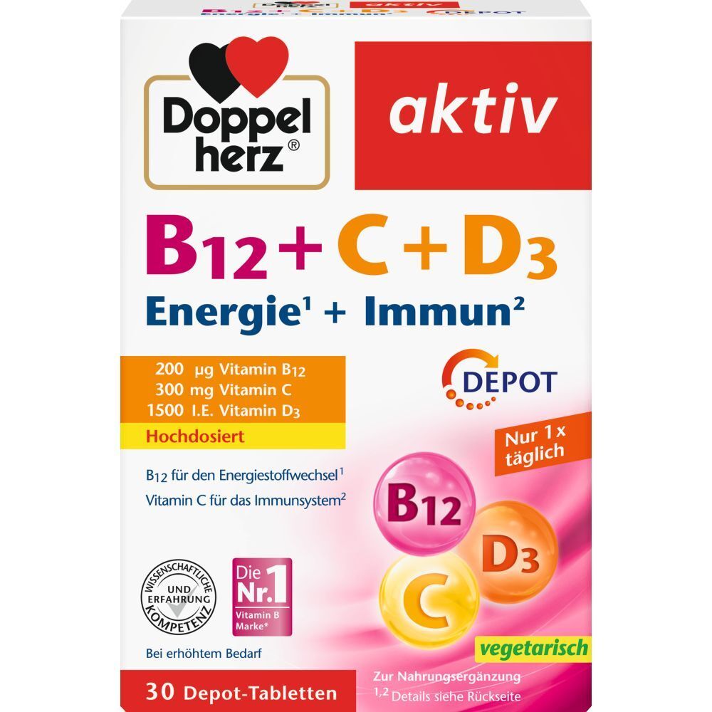 Verpackung von Doppelherz B12+C+D3 DEPOT aktiv. Enthält 30 Tabletten. Enthält Vitamin B12, C und D3. Vegetarisch.