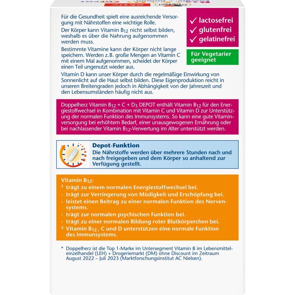 Rückseite der Verpackung von Doppelherz B12+C+D3 DEPOT aktiv. Informationen zu Inhaltsstoffen und Depot-Funktion.
