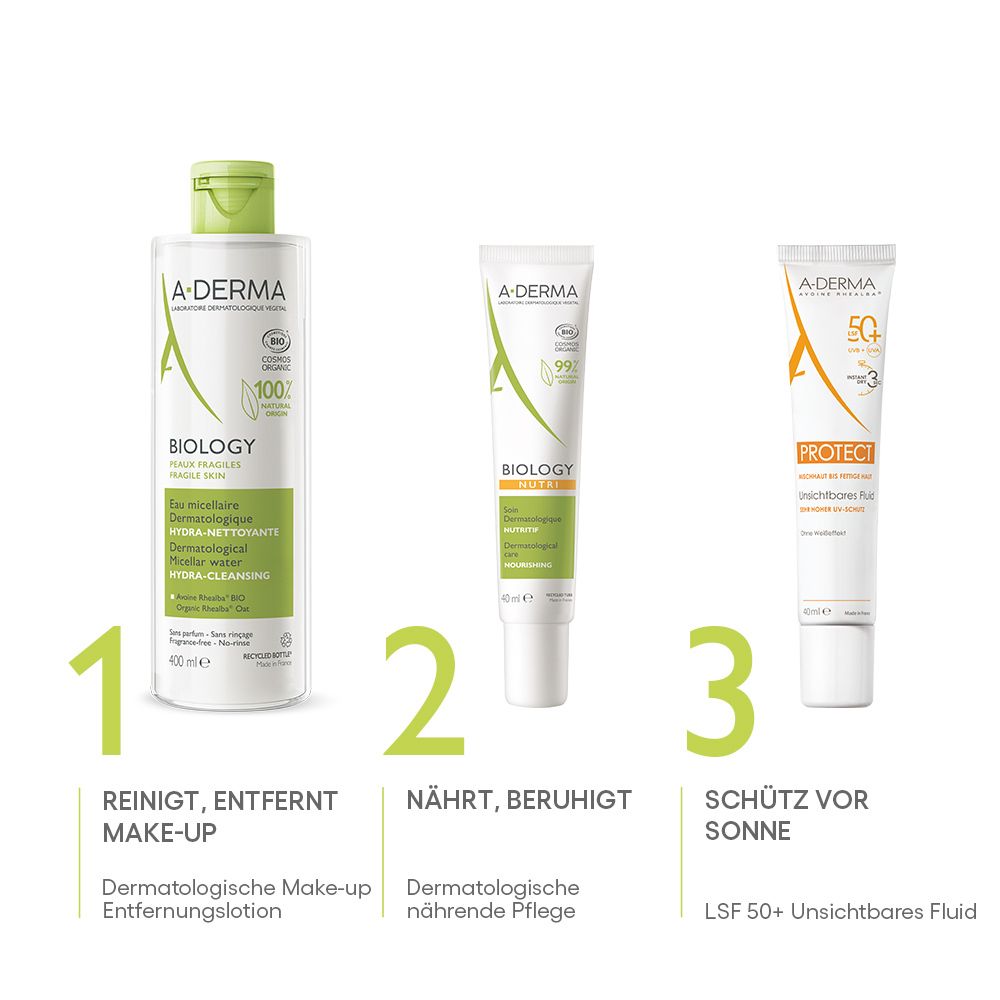 Drei A-Derma Produkte: Reinigungslotion, nährende Pflege und Sonnenschutz.