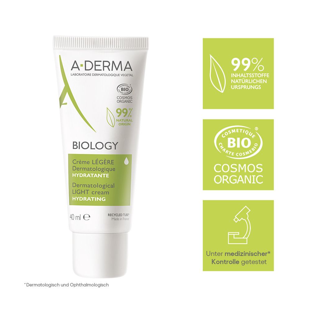 A-Derma BIOLOGY leichte dermatologische Feuchtigkeitscreme, 40ml. 99% natürliche Inhaltsstoffe, COSMOS ORGANIC zertifiziert.