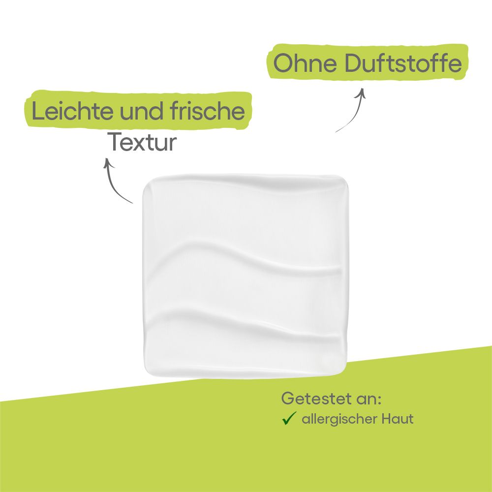 Weiße Creme mit leichter, frischer Textur, ohne Duftstoffe, getestet an allergischer Haut.