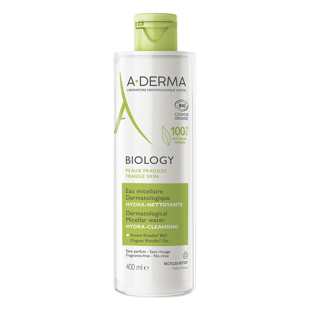 A-DERMA BIOLOGY Mizellenwasser-Flasche. Grün-weiße Verpackung. Enthält 400 ml. Mit Bio-Zertifizierung.