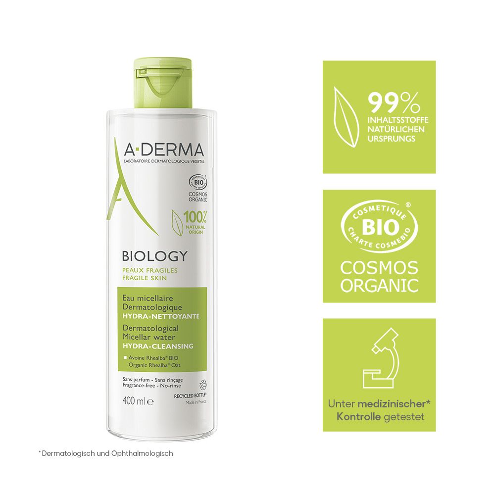 A-DERMA BIOLOGY Mizellenwasser-Flasche. Logos: 99% natürlichen Ursprungs, COSMOS ORGANIC, unter medizinischer Kontrolle getestet.