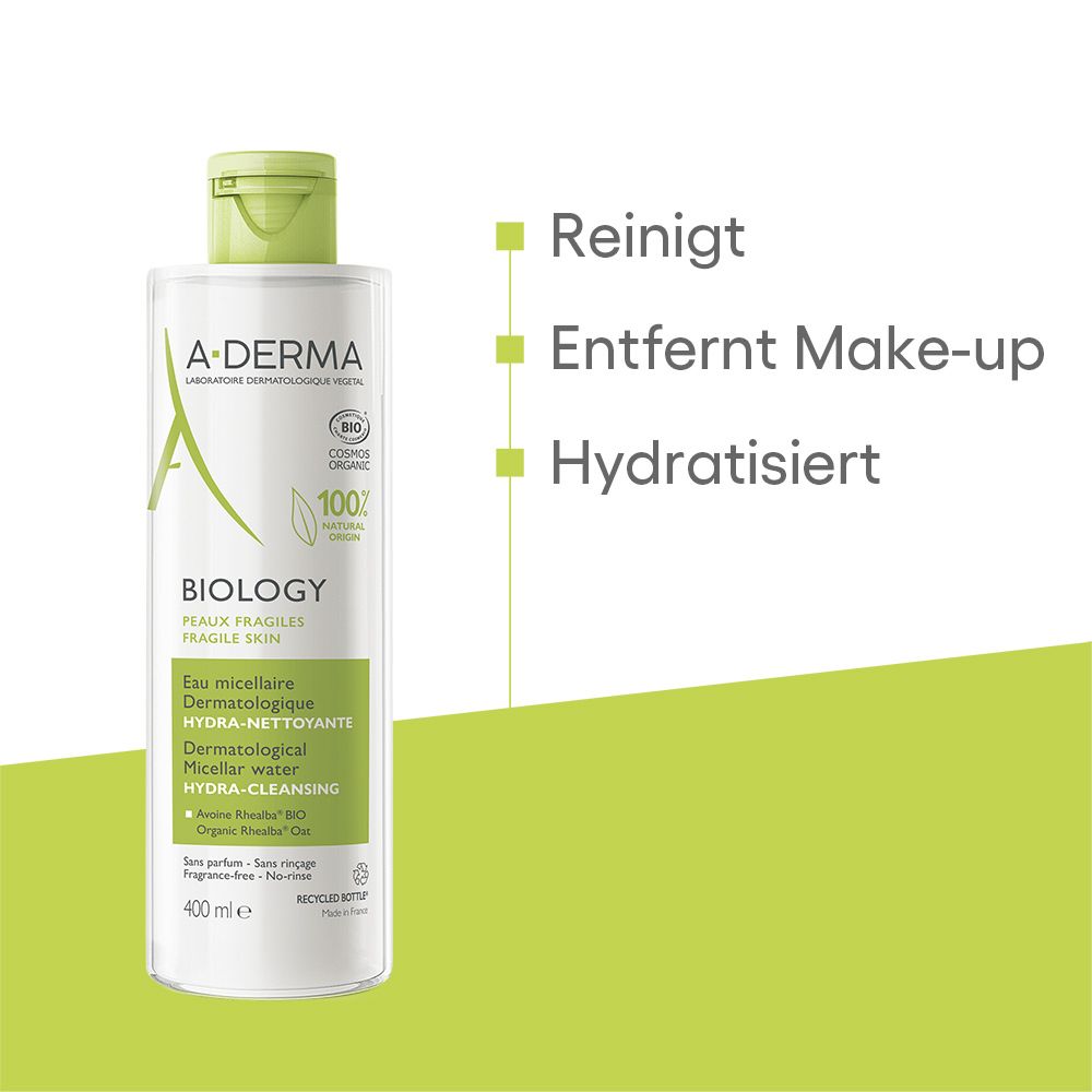 A-DERMA BIOLOGY Mizellenwasser. Reinigt, entfernt Make-up, hydratisiert. Grüne Hervorhebungen auf weißem Hintergrund.