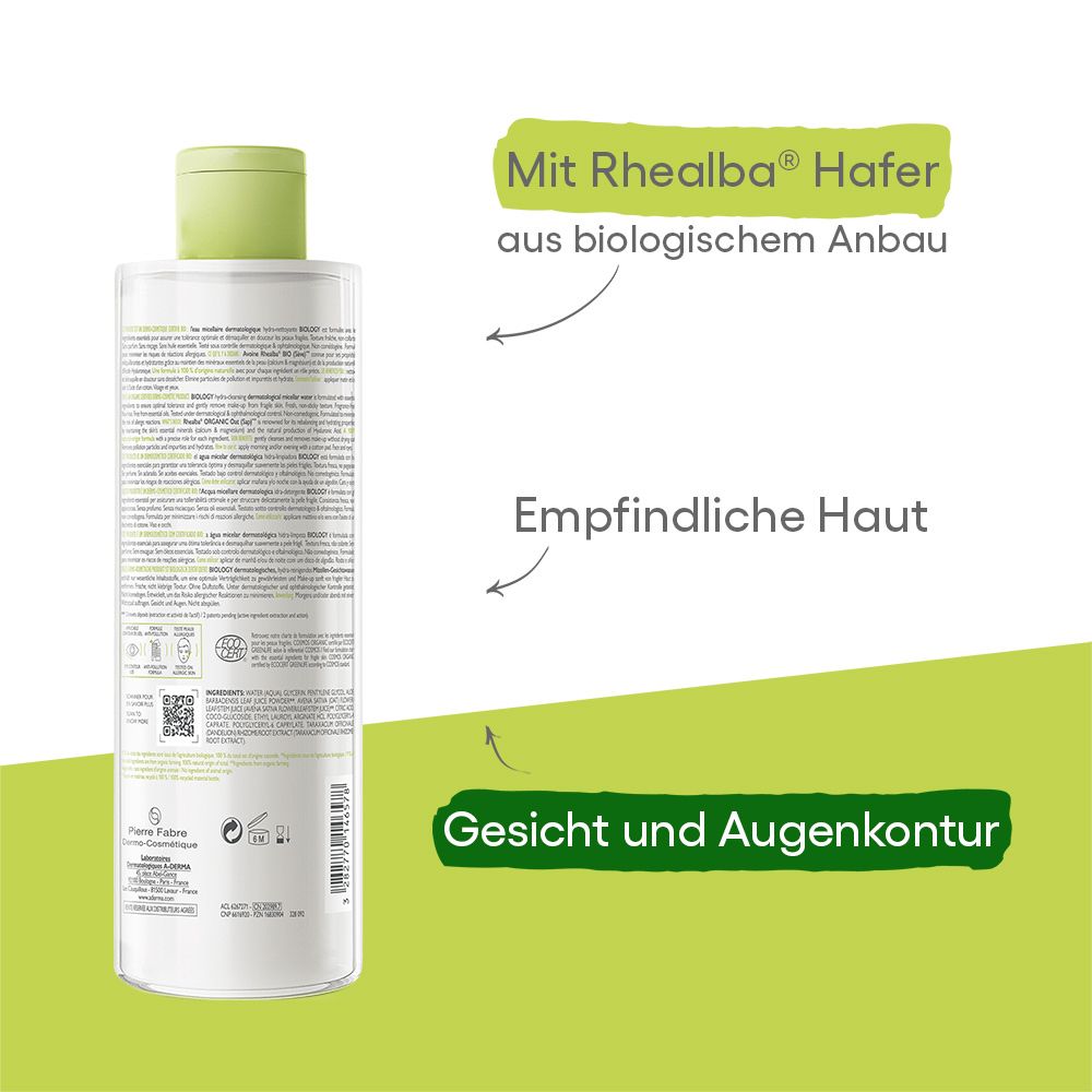 A-DERMA BIOLOGY Mizellenwasser-Flasche. Rückseite. Mit Rhealba Hafer aus biologischem Anbau. Für empfindliche Haut.