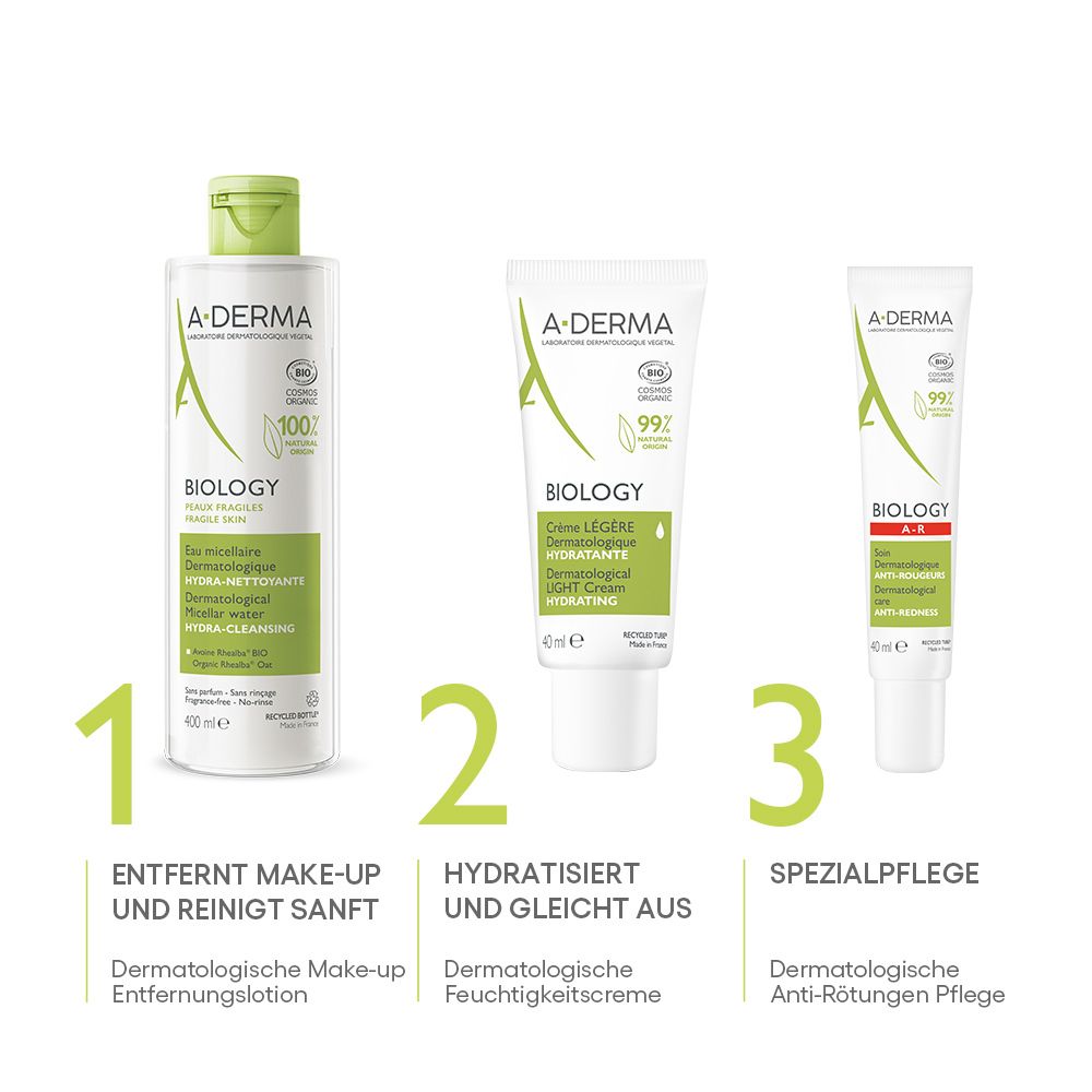 A-DERMA BIOLOGY Produkte: Mizellenwasser, Feuchtigkeitscreme, Anti-Rötungen Pflege. Auf weißem Hintergrund.