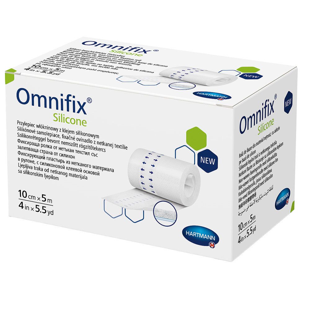 Omnifix® Silicone-Verbandrolle in Verpackung. 10 cm x 5 m. Hartmann-Logo. "NEW"-Label.