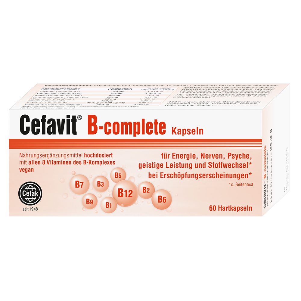 Weiße Schachtel mit "Cefavit B-complete Kapseln". Enthält 60 Hartkapseln. Aufdrucke: B-Komplex Vitamine, vegan.