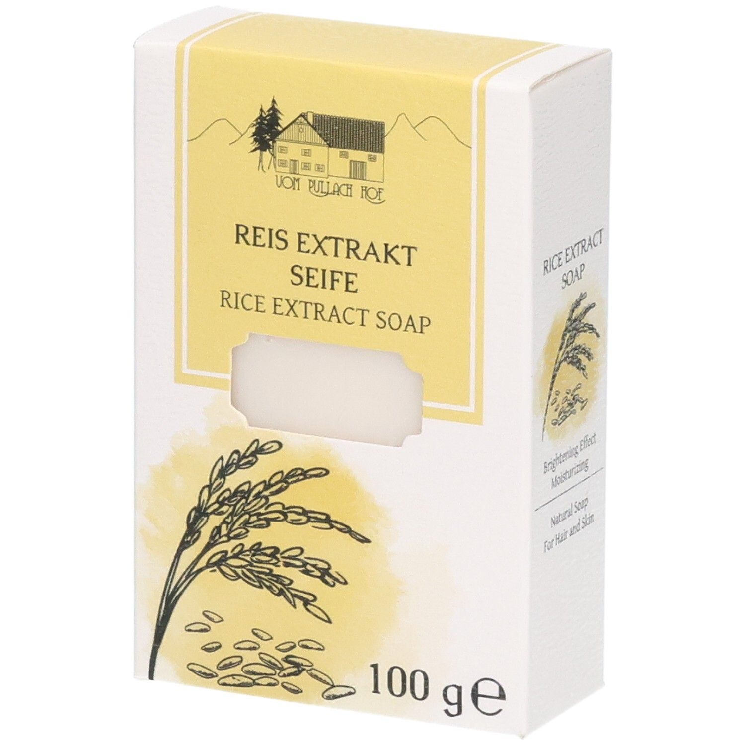 Verpackung für Reisextraktseife, 100g. Enthält eine Seife. Design mit Bauernhaus und Reiskörnern.