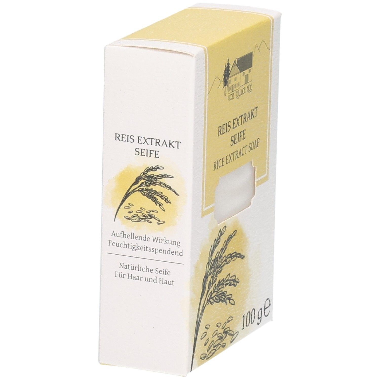 Reis Extrakt Seife Verpackung, 100g. Mit Illustration von Reiskörnern und Text über aufhellende Wirkung.