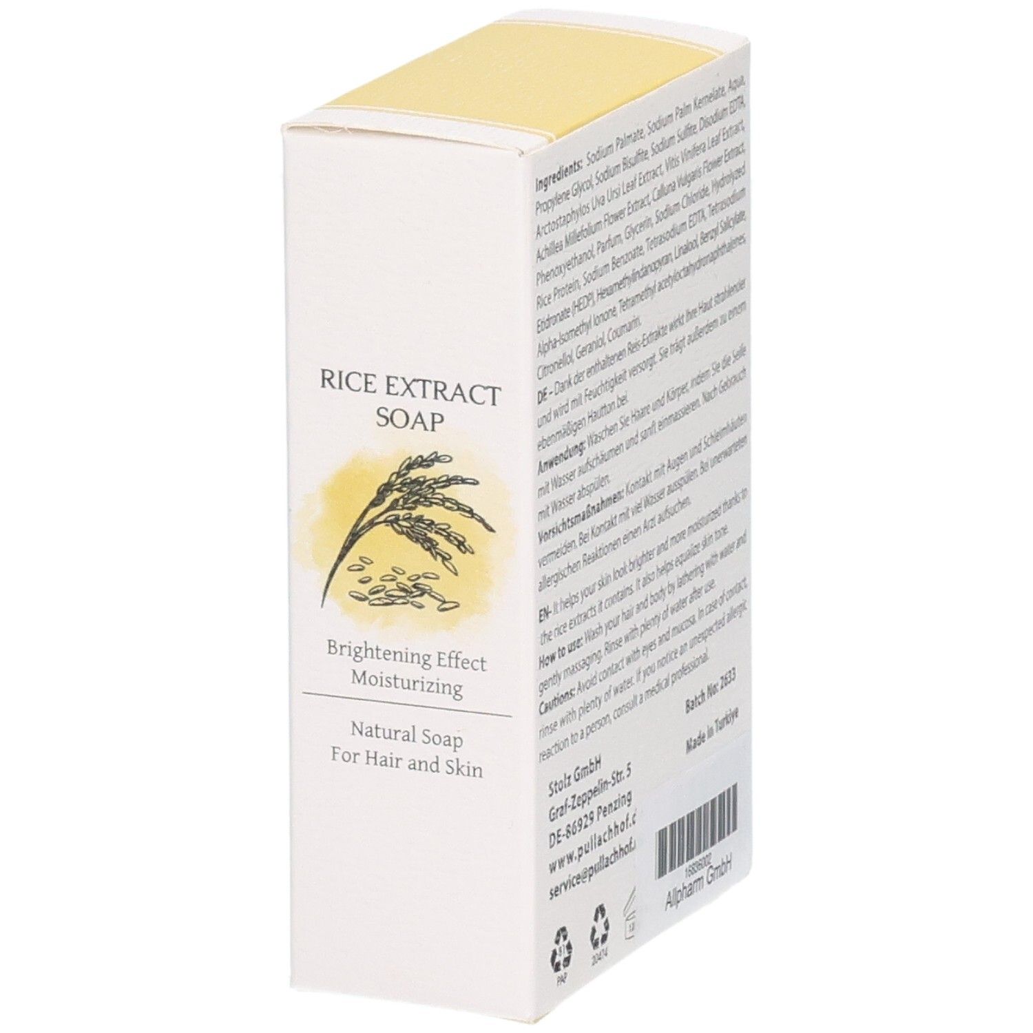 Reiskornseife-Verpackung mit Aufschrift 'Rice Extract Soap', 'Brightening Effect Moisturizing', 'Natural Soap For Hair and Skin'.