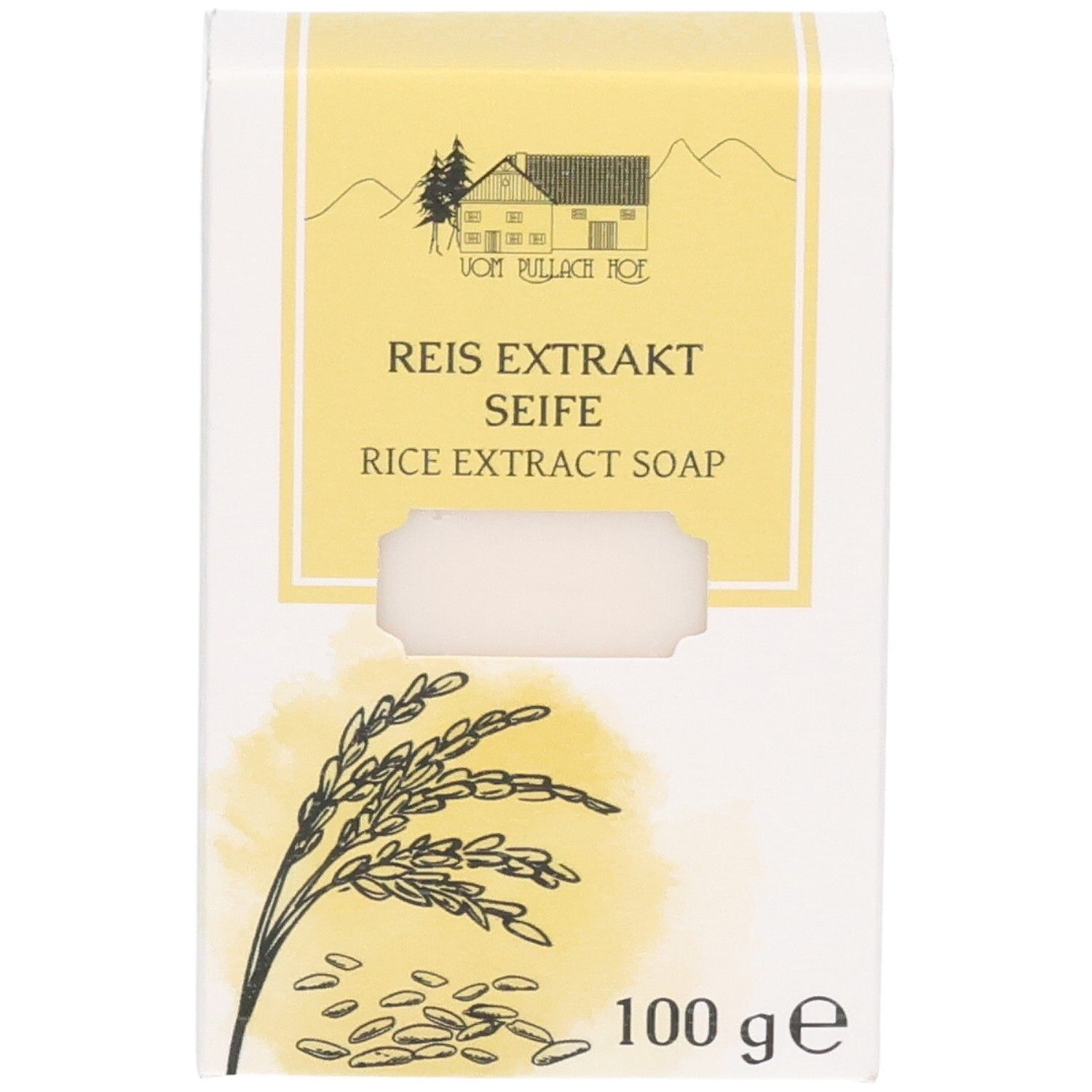 Verpackung für Reisextraktseife, 100g. Zeigt eine Zeichnung von Reiskörnern und eine Scheune.