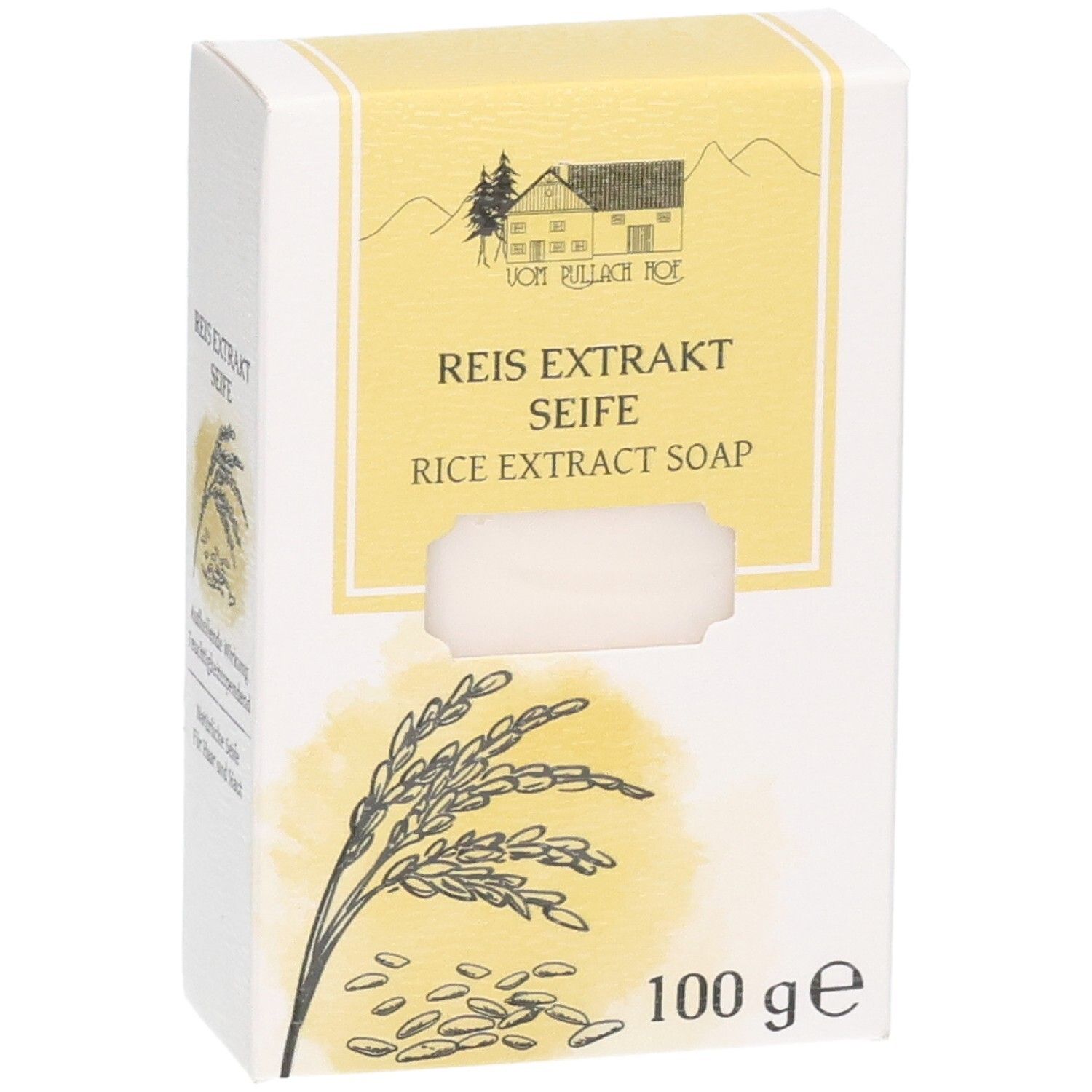 Verpackung für Reisextraktseife, 100g, mit Abbildung eines Bauernhauses und Reiskörnern.