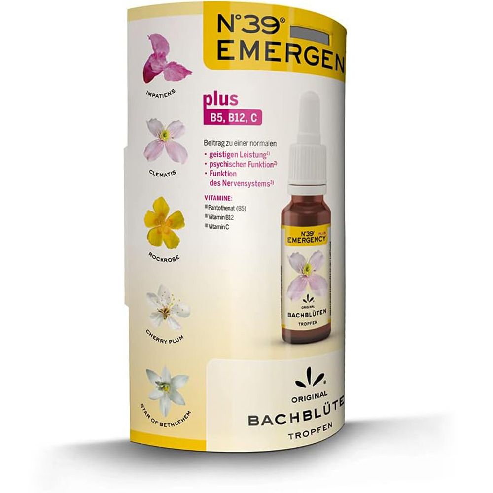 Kartonverpackung mit Tropfenflasche. Aufschrift: N°39 EMERGENCY PLUS Bachblüten Tropfen. Vegan, zuckerfrei, alkoholfrei. Illustrationen.