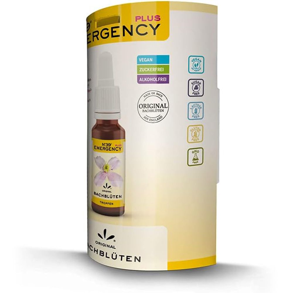 Kartonverpackung mit Tropfenflasche. Aufschrift: N°39 EMERGENCY PLUS Bachblüten Tropfen. Vegan, zuckerfrei, alkoholfrei. Illustrationen.