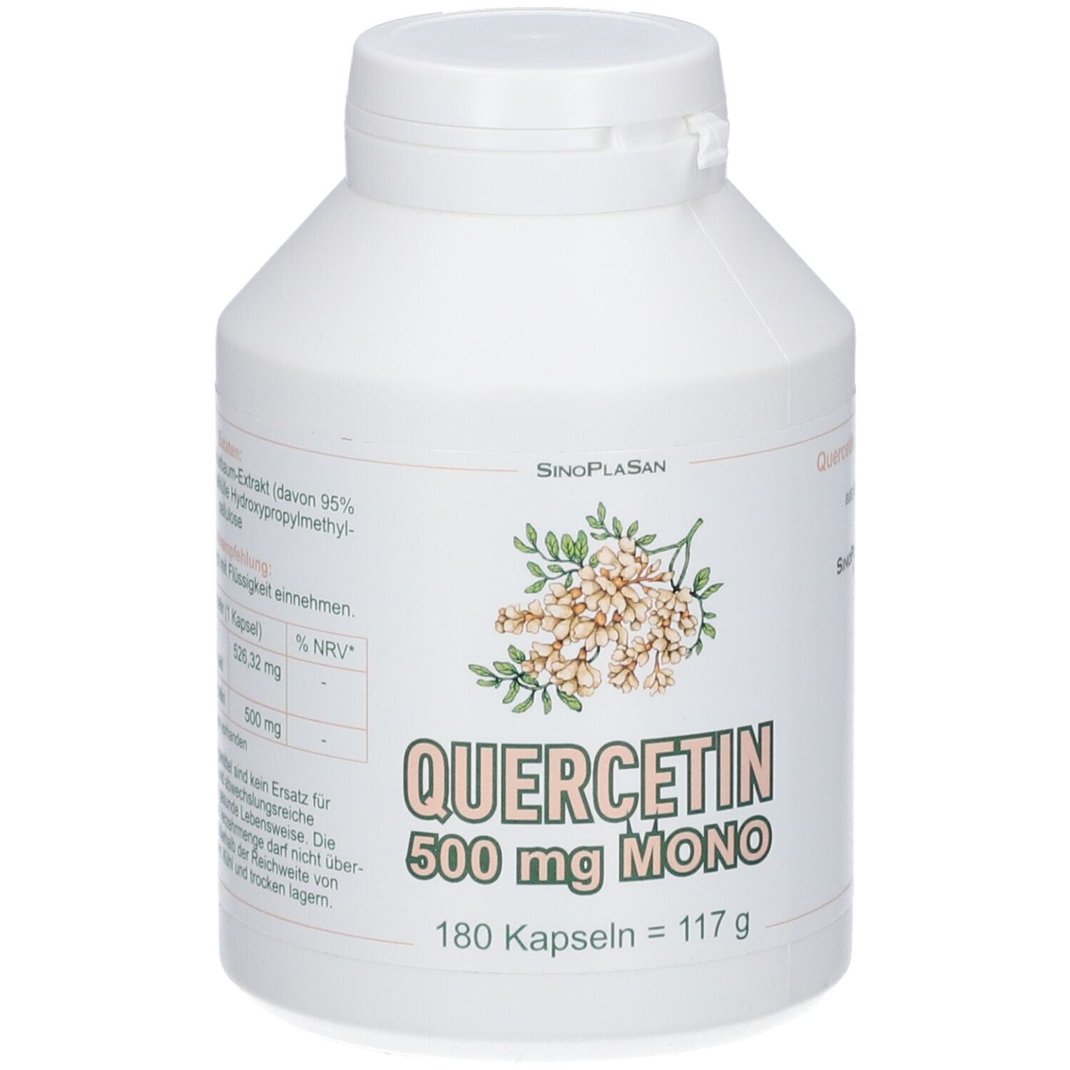 Weiße Dose mit Quercetin 500 mg Mono Kapseln, 180 Kapseln.