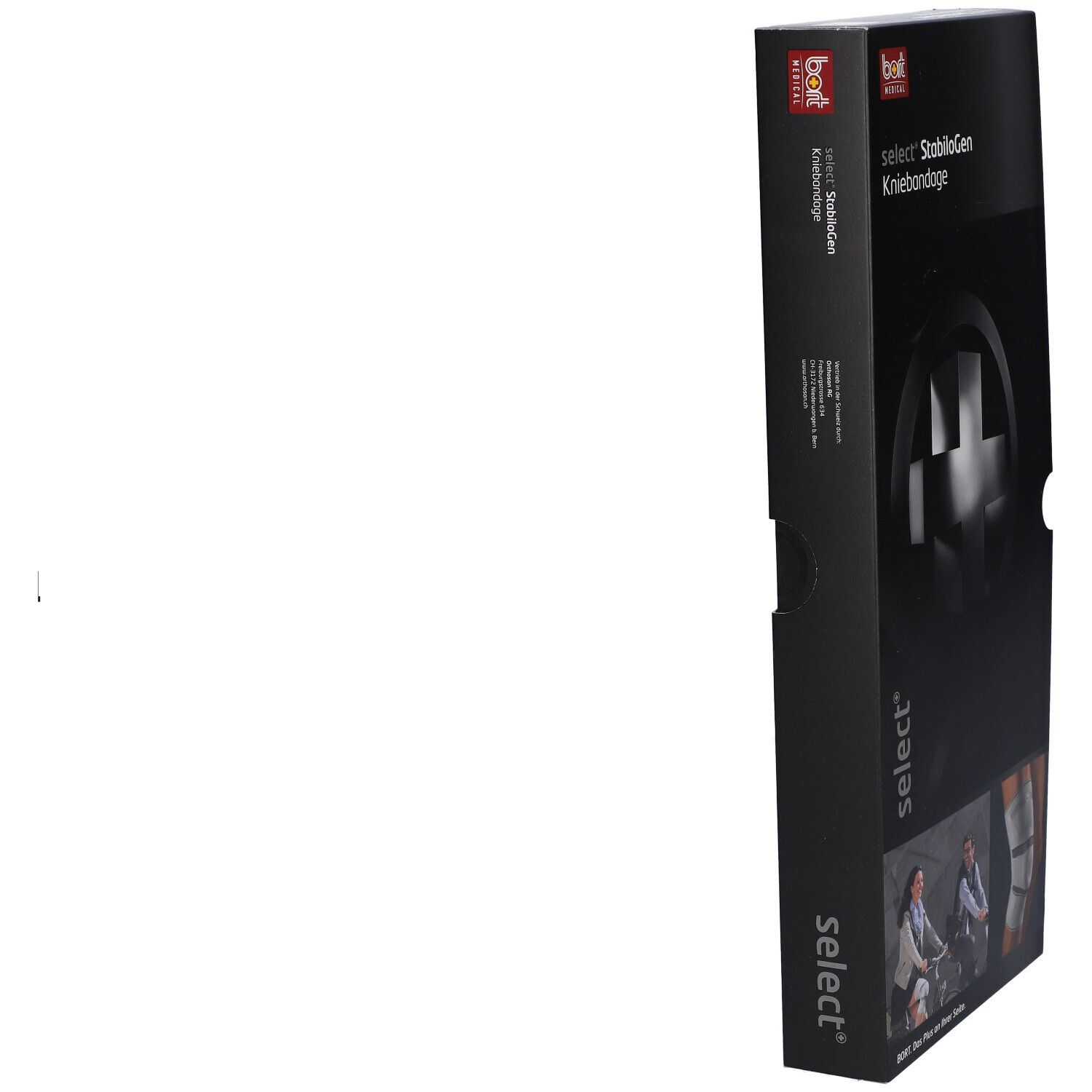 Schwarze Verpackung, seitliche Ansicht. Aufschrift: select StabiloGen Kniebandage. Logo und Produktname.