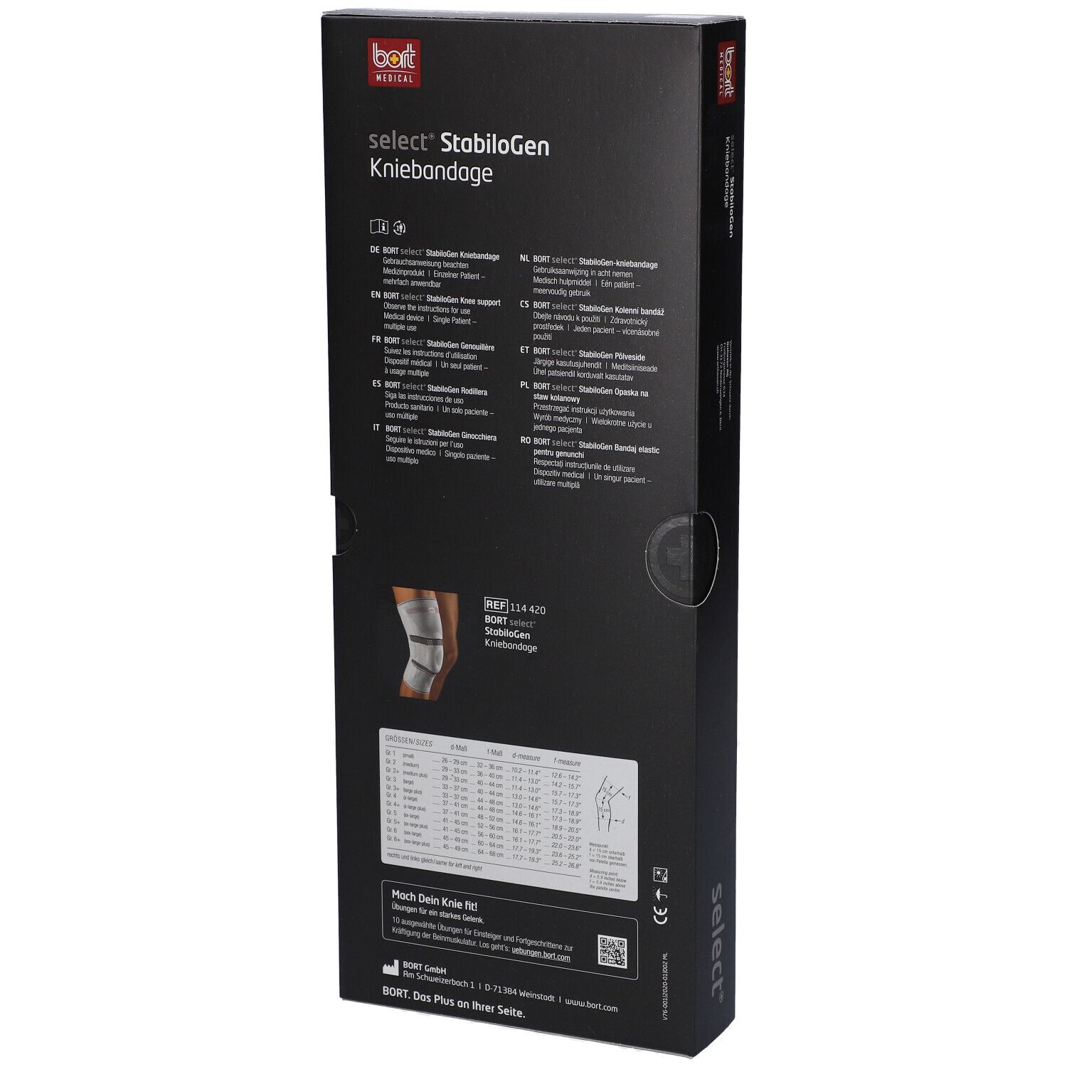 Rückseite der Verpackung. Produktinformationen, Größenangaben und Illustration der Kniebandage.