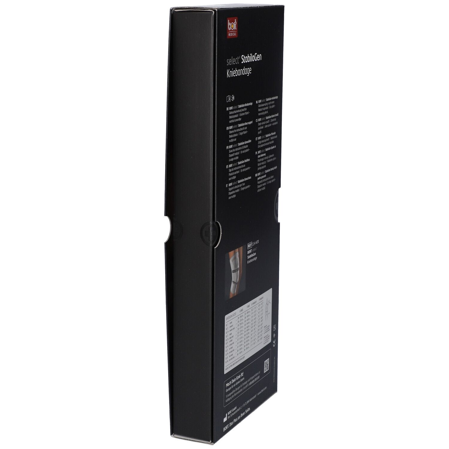 Seitenansicht der Verpackung. Produktname und Logo. Schwarze Verpackung mit Produktinformationen.