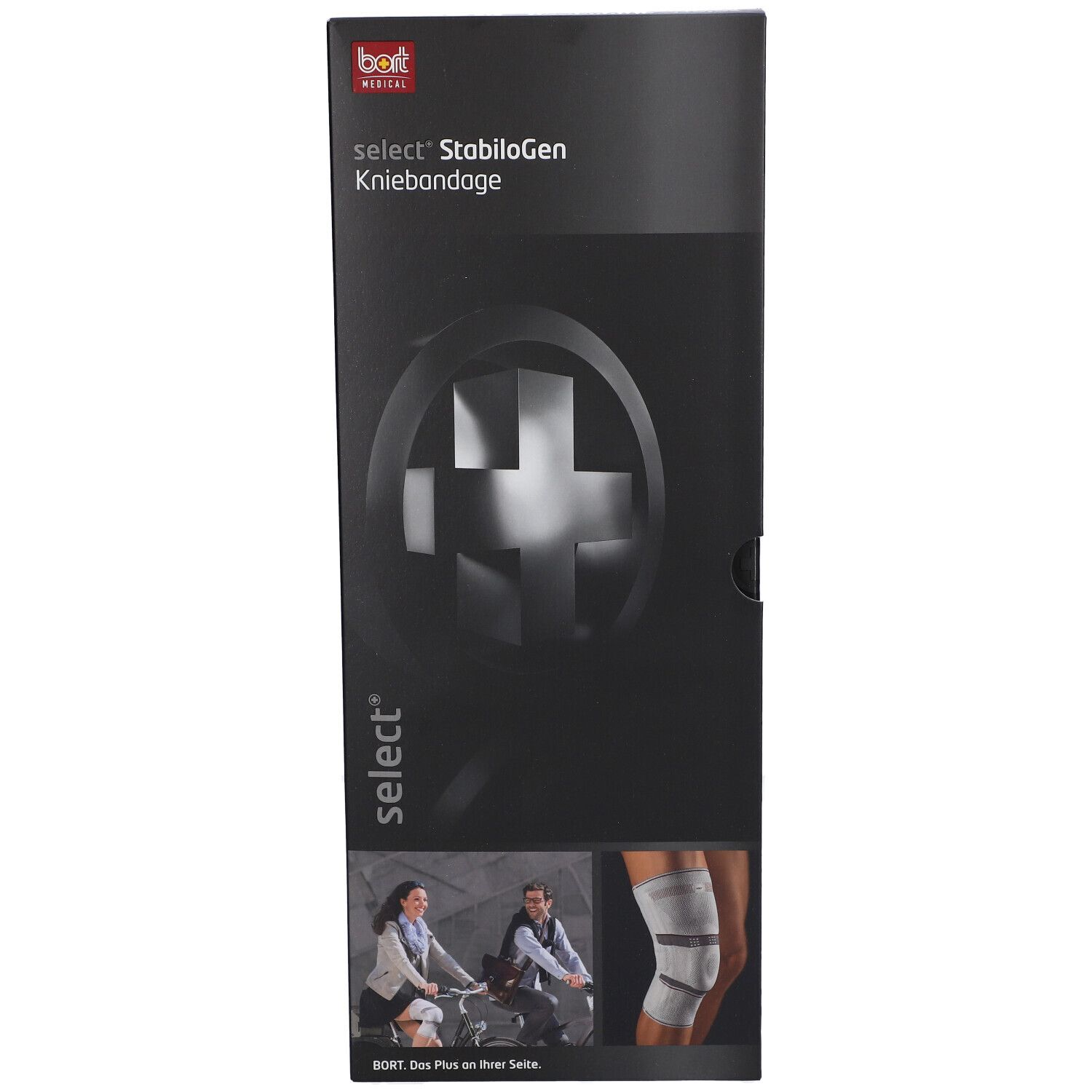 Vorderseite der Verpackung. Produktname: select StabiloGen Kniebandage. Logo und Abbildung der Bandage.