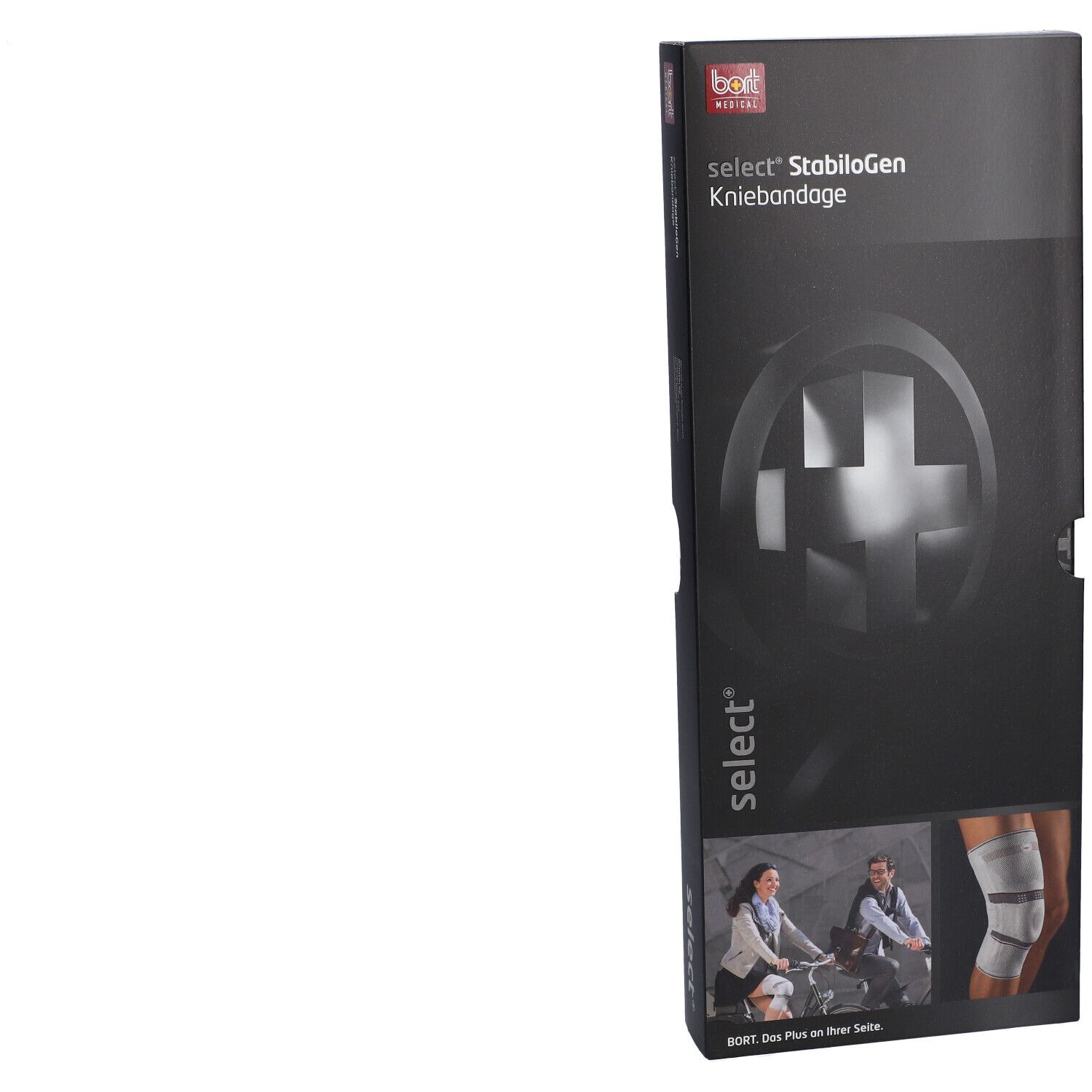 Schwarze Verpackung, diagonale Ansicht. Aufschrift: select StabiloGen Kniebandage. Logo und Produktname.
