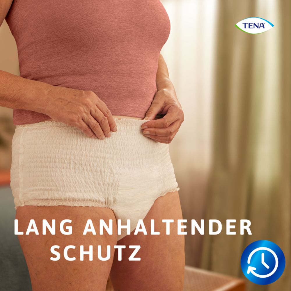Person trägt weiße Inkontinenz-Pants. Sichtbar ist der Bund und ein Teil des Beins. Text: Lang anhaltender Schutz.
