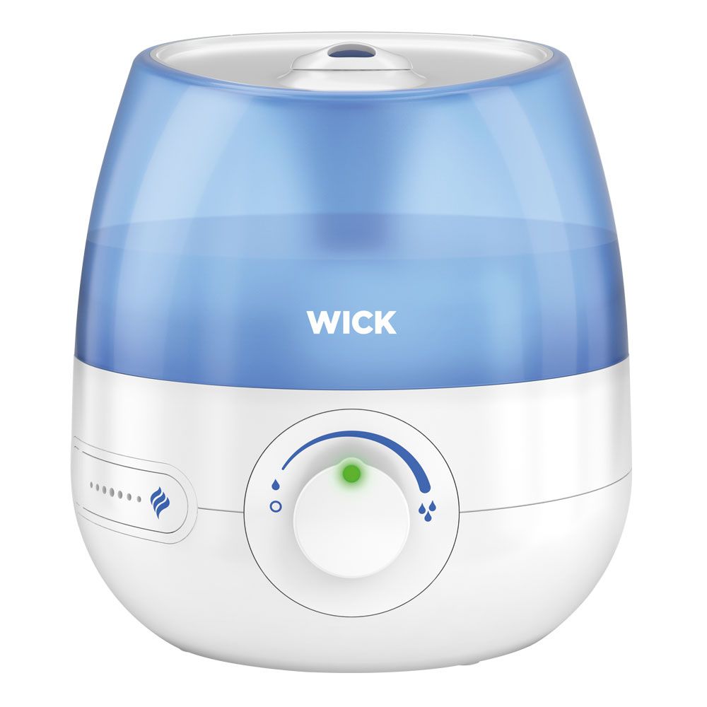Weiß-blauer WICK Mini Kaltluft Ultraschall-Luftbefeuchter. Drehknopf, WICK-Logo, blaue Oberseite, weißer Sockel.