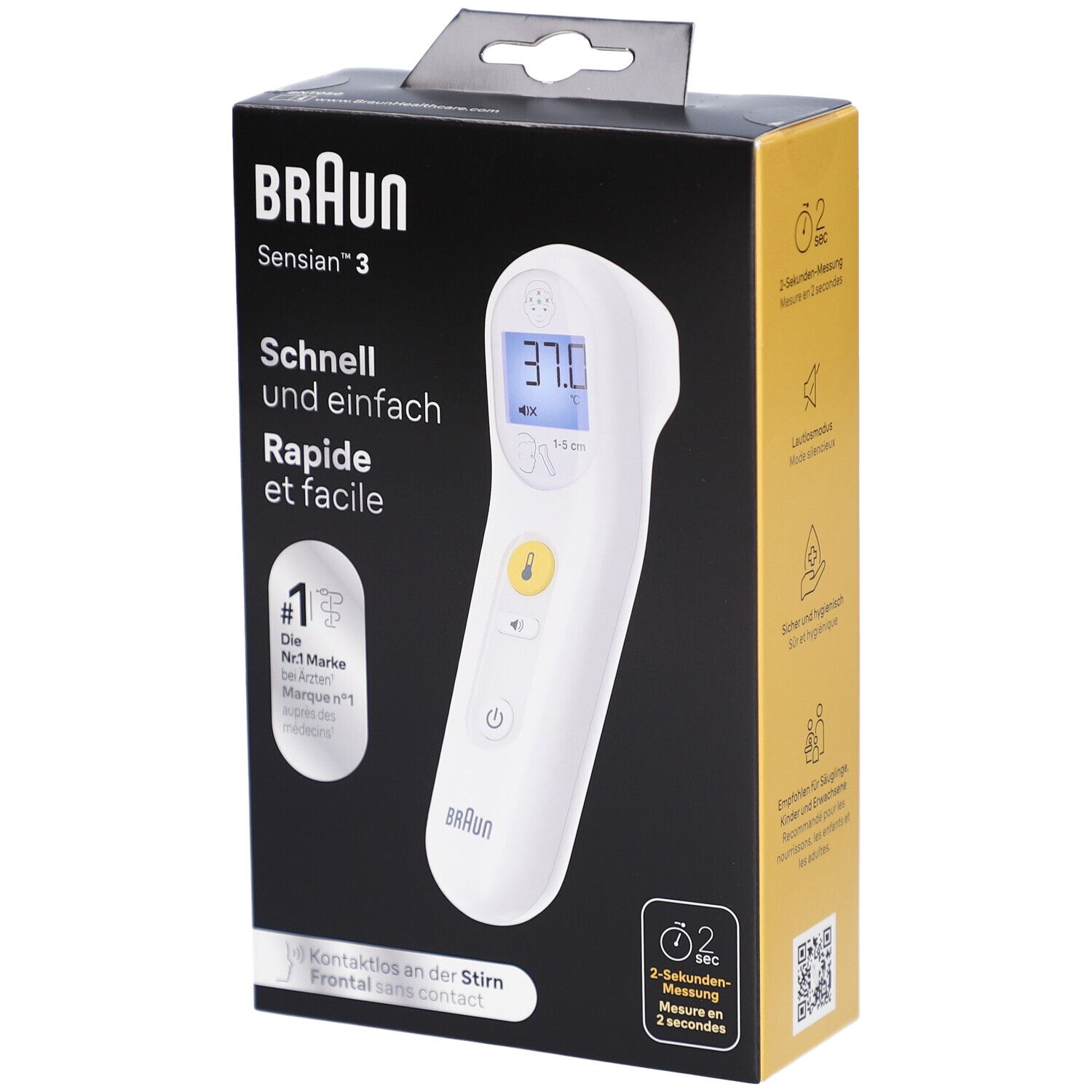 Verpackung mit Braun Sensian™ 3 Stirnthermometer. Weißes Gerät mit Display, gelber Taste. Schwarze Verpackung mit Produktnamen und Text.