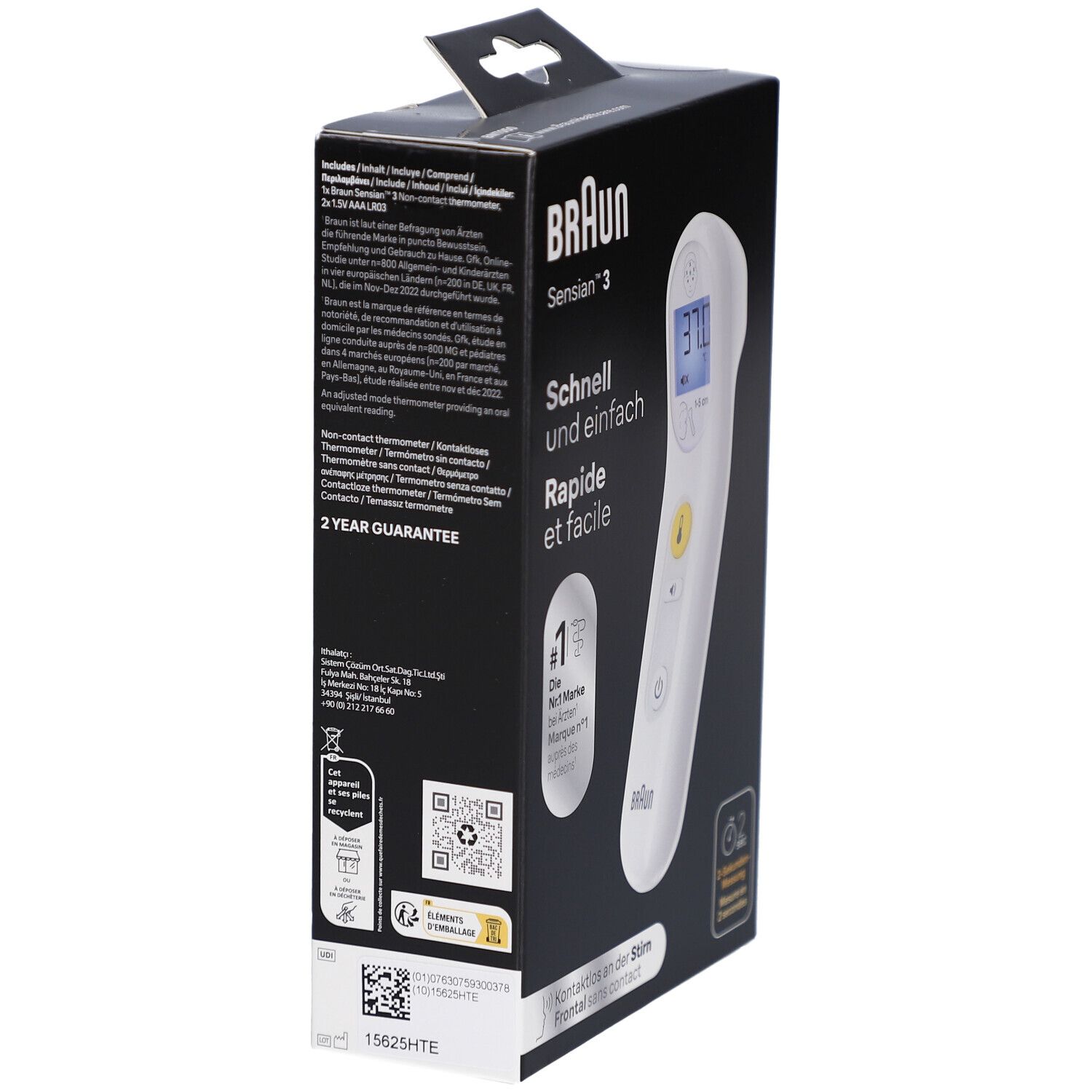 Rückseite der Verpackung des Braun Sensian™ 3. Schwarze Verpackung mit Text, QR-Code und Garantieinformationen. Thermometer abgebildet.