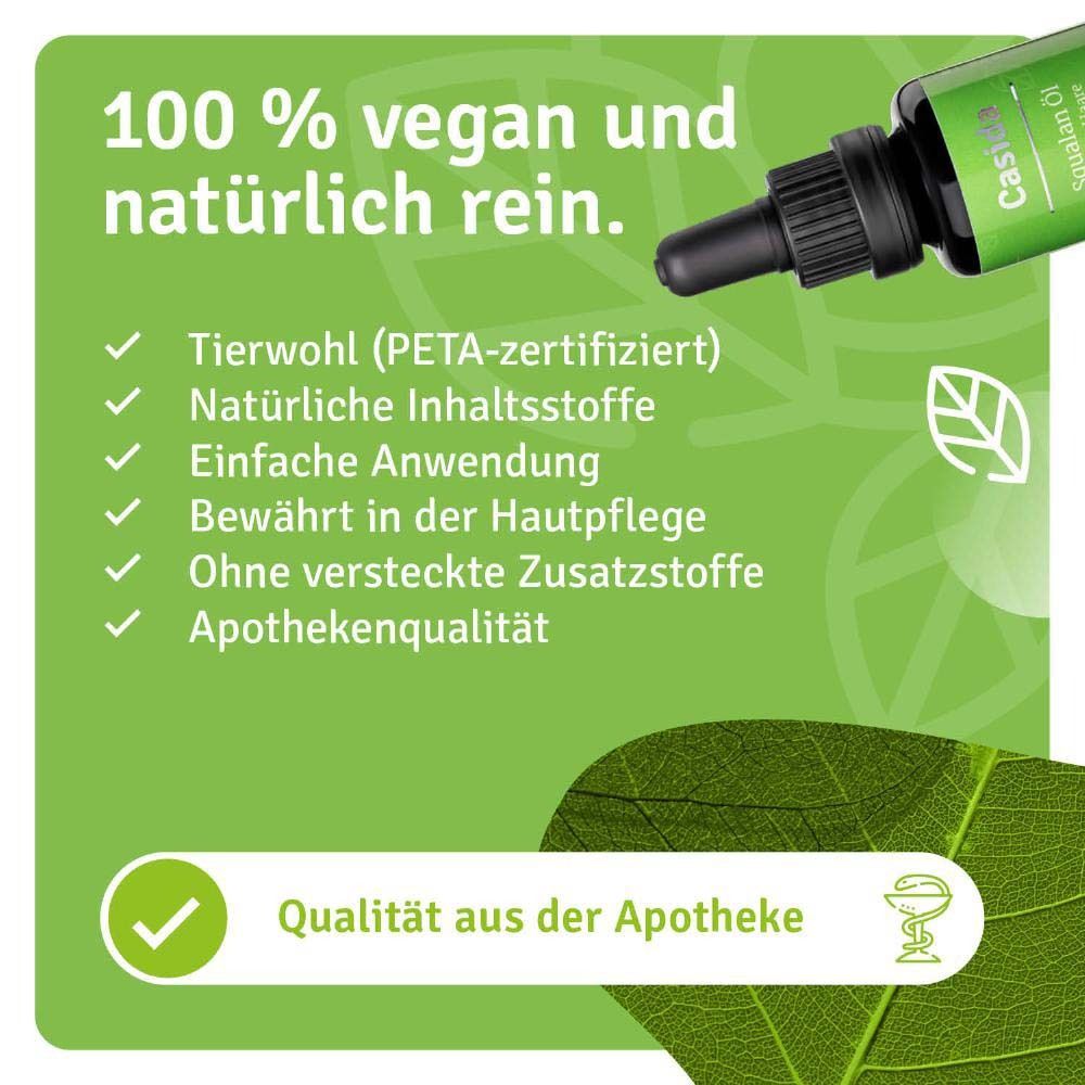 Casida Squalan Öl Flasche. Text: Tierwohl, natürliche Inhaltsstoffe, einfache Anwendung, ohne versteckte Zusätze, Apothekenqualität.