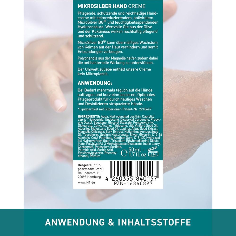 Rückseite der N1 Mikrosilber Handcreme Tube mit Anwendungshinweisen und Inhaltsstoffen.