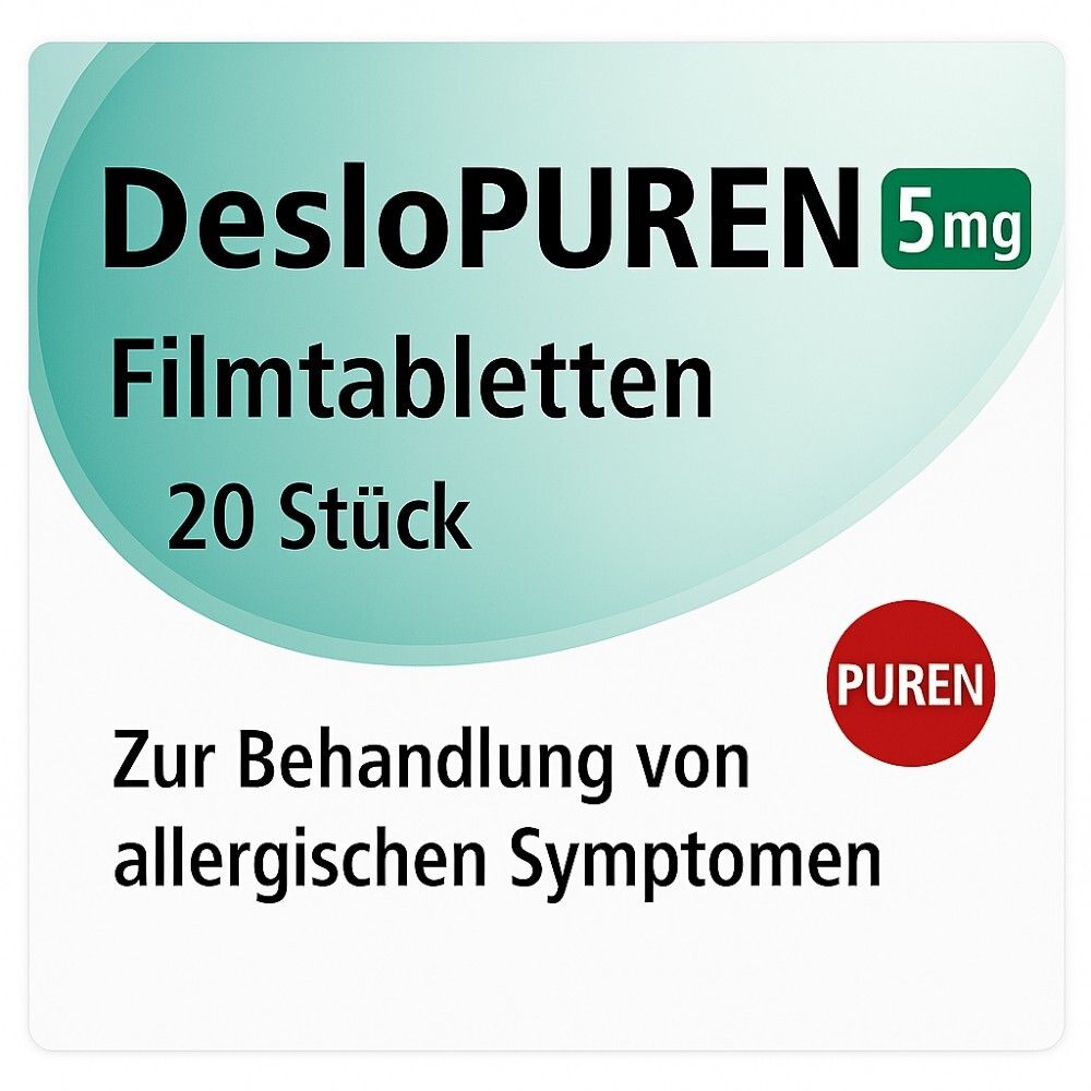 Quadratische Karte mit DesloPUREN 5 mg. 20 Tabletten. Zur Behandlung allergischer Symptome. Marke PUREN.