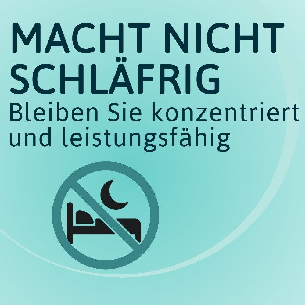 Symbol: Bett mit durchgestrichenem Mond. Text: Macht nicht schläfrig. Bleiben Sie konzentriert.