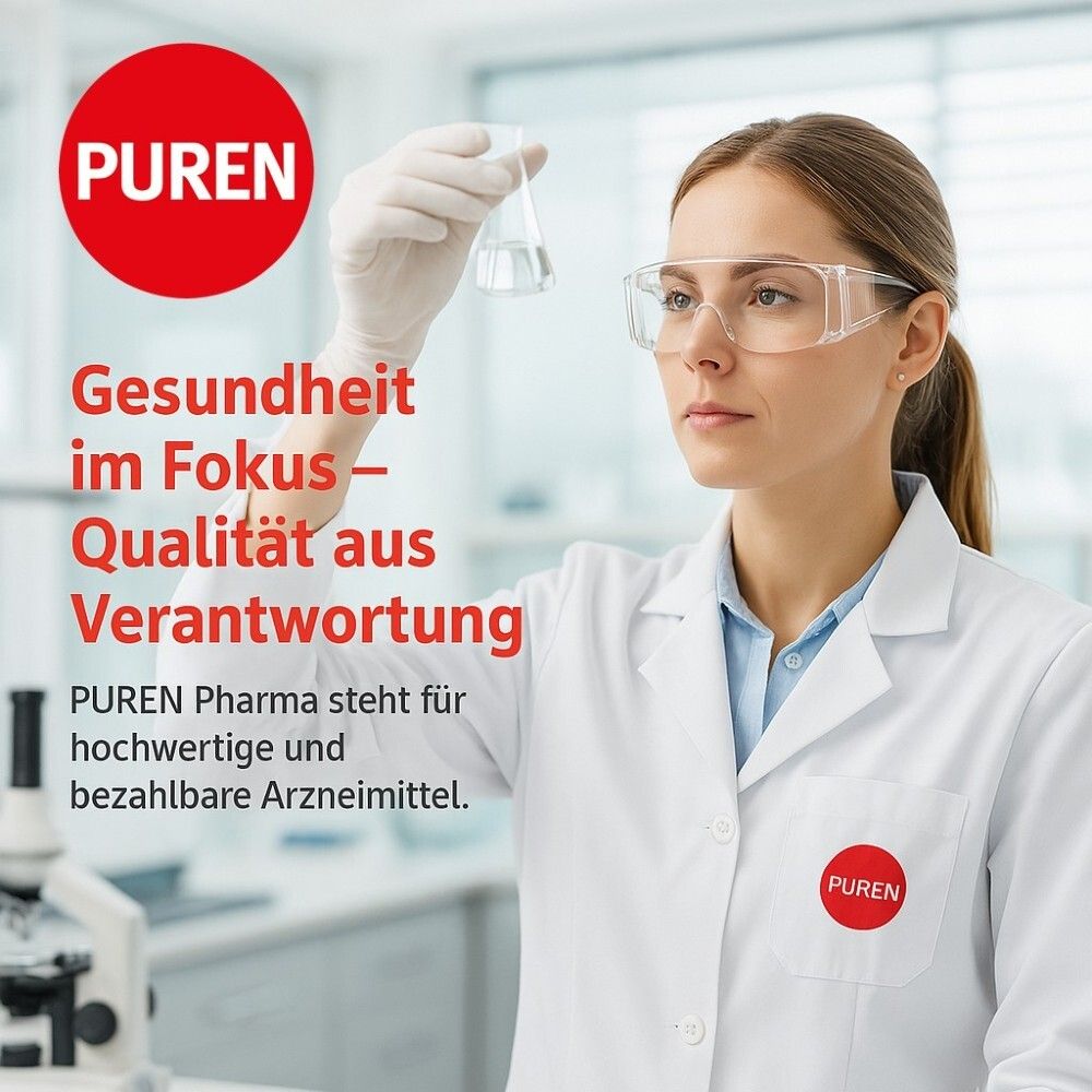 Wissenschaftlerin mit Reagenzglas. Text: Gesundheit im Fokus - Qualität aus Verantwortung. Marke PUREN.