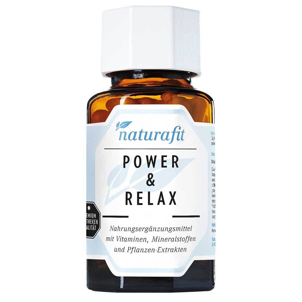 Braune Glasflasche mit weißem Deckel. Aufkleber mit Produktnamen: naturafit Power & Relax. Enthält Vitamine, Mineralstoffe und Pflanzenextrakte.