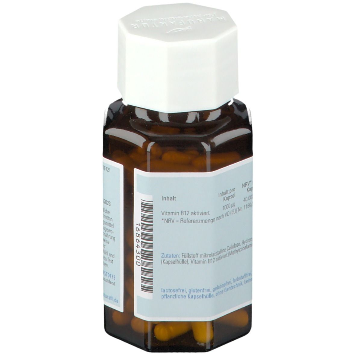 Braune Glasflasche mit weißem Deckel. Etikett mit Inhaltsangaben: Vitamin B12 aktiviert, 1000 µg. Kapseln sichtbar.