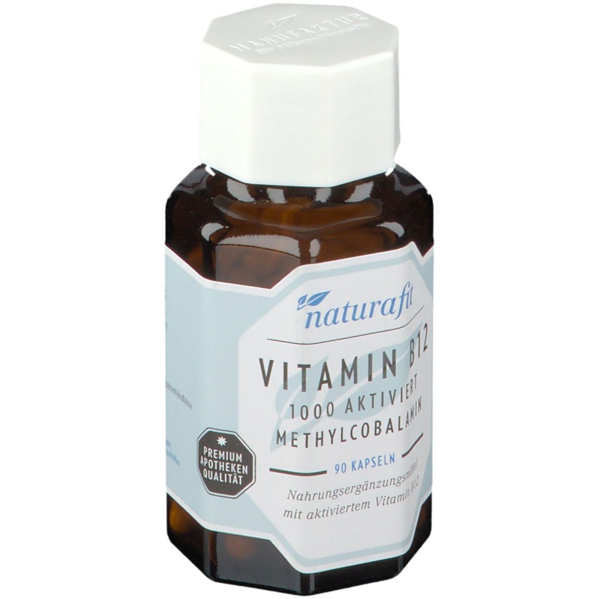 Braune Glasflasche mit weißem Deckel. Etikett mit naturafit, Vitamin B12 1000 aktiviert, 90 Kapseln. Premium Apotheken Qualität.