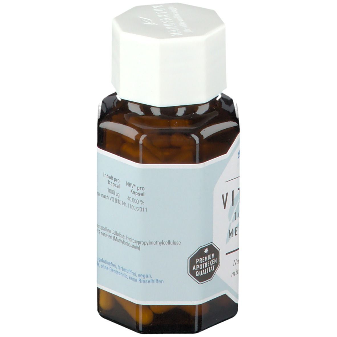 Rückseite einer braunen Glasflasche mit weißem Deckel. Etikett mit Inhaltsstoffen, Vitamin B12 aktiviert, Premium Apotheken Qualität.