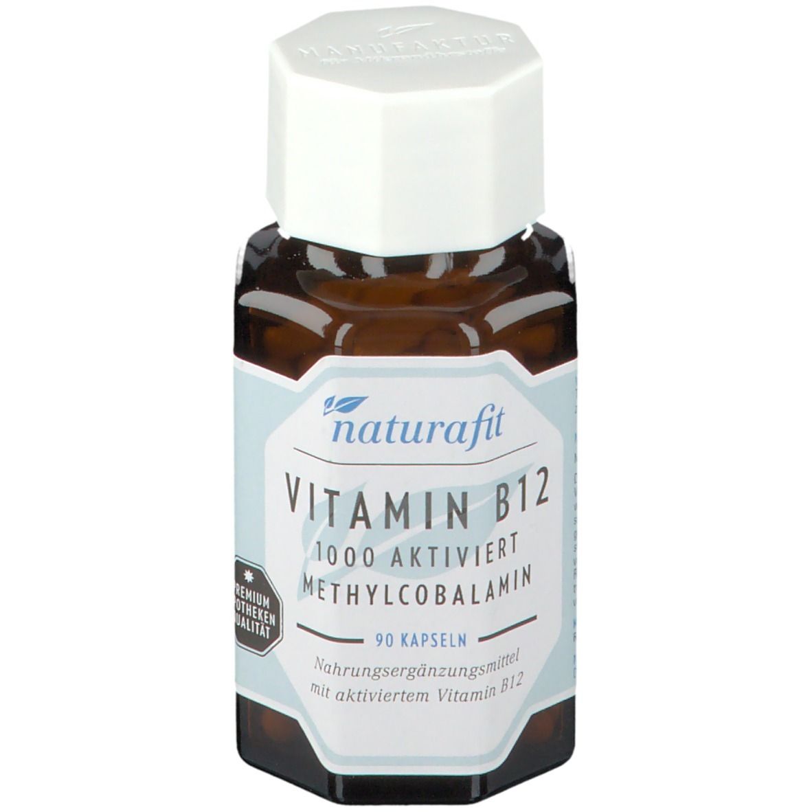 Braune Glasflasche mit weißem Deckel. Etikett mit naturafit, Vitamin B12 1000 aktiviert, 90 Kapseln. Premium Apotheken Qualität.