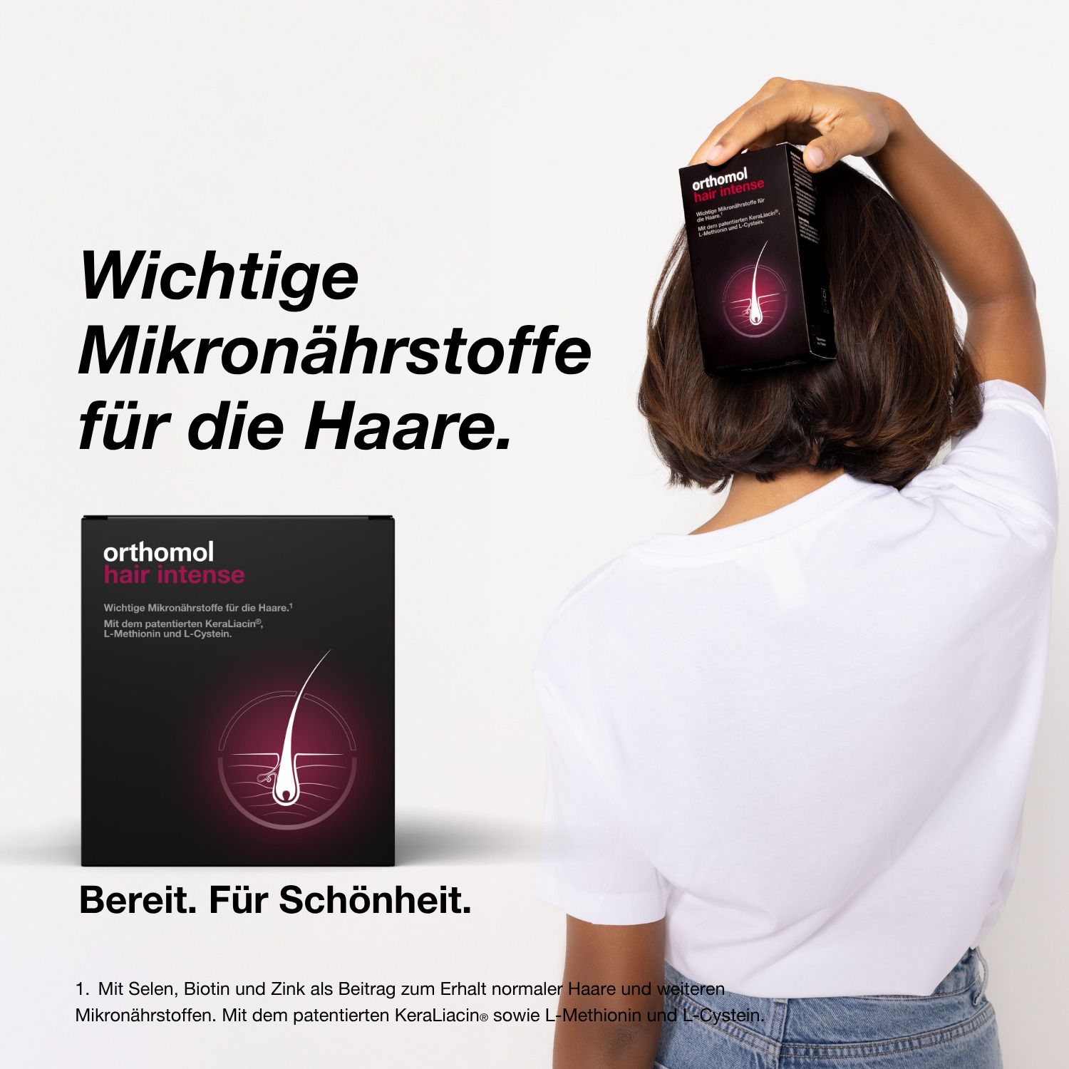Frau mit blonden Haaren. Text: Wichtige Mikronährstoffe für die Haare. Orthomol hair intense.