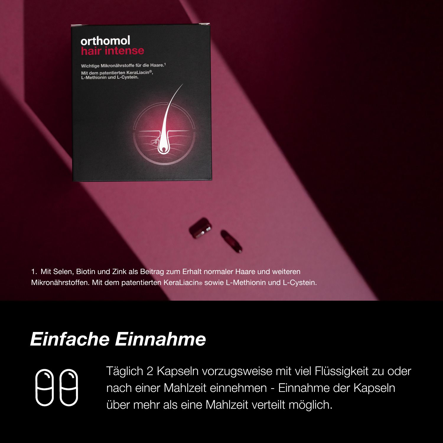 Person trinkt Wasser und nimmt Kapseln. Text: Orthomol hair intense. Einfache Verwendung.